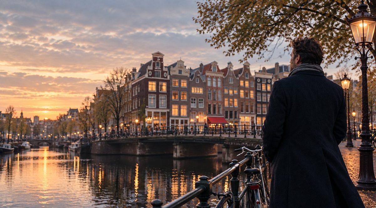 Een man in een donkere jas kijkt bij zonsondergang uit over een Amsterdamse gracht met grachtenpanden en een brug.